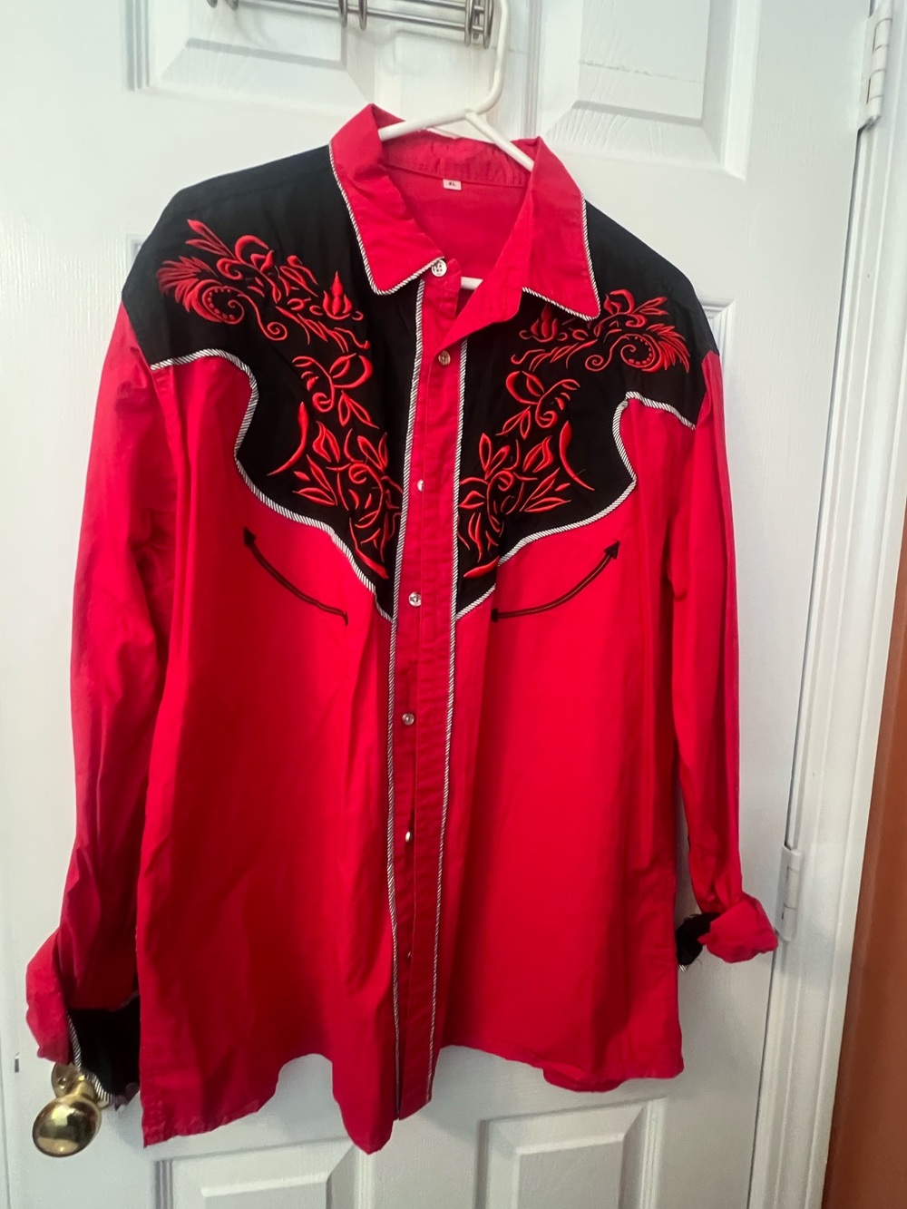 Red and Black Western Embroidered Button-Up Shirt